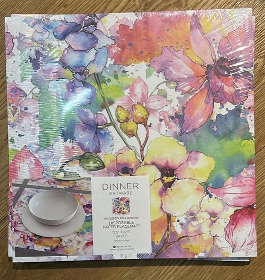Watercolor Flowers 12.5''12.5'' Disposable Paper Placemats, Set of 24