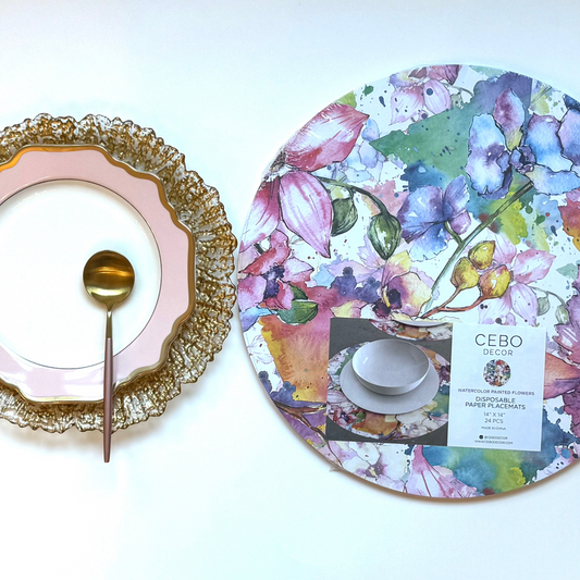 Watercolor Flowers 14'' Round Disposable Paper Placemats, Set of 24